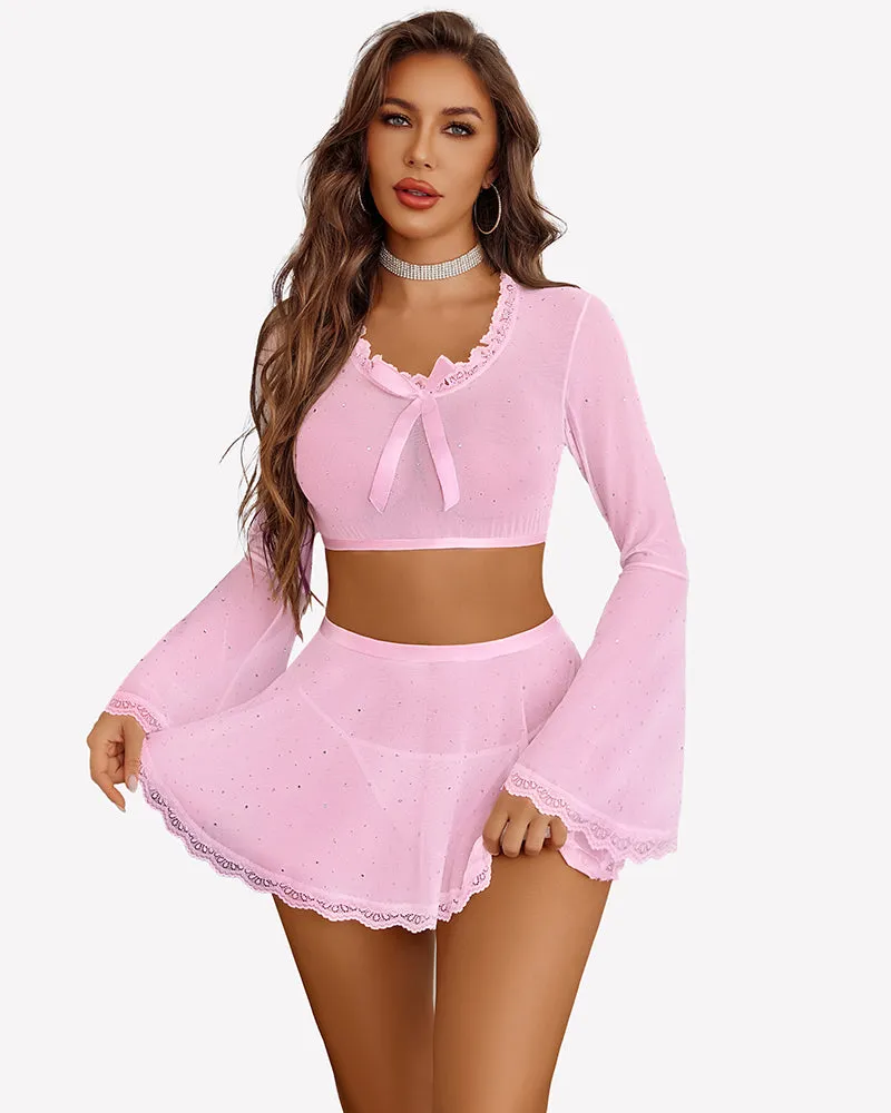 Sparkly Sheer Mesh 3 Piece Bell Sleeve Crop Top with Mini Skirt sold by Avid Love product image thumbnail 4