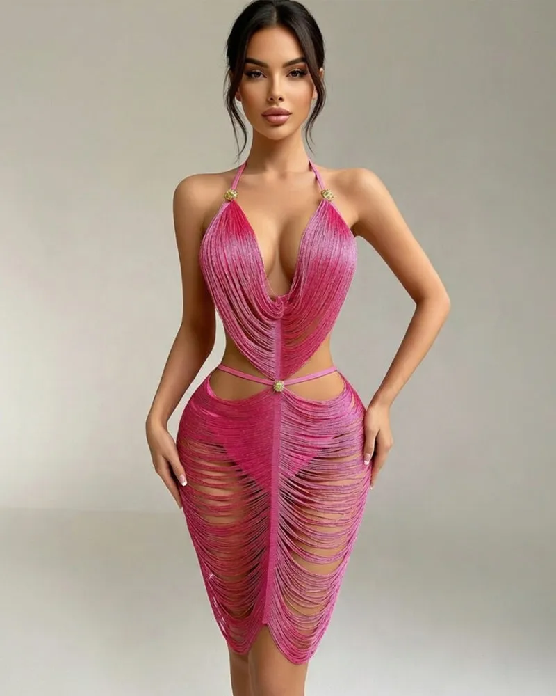 Fringe Halter Midi Dress Cut-Out Tassel Bodycon sold by Avid Love