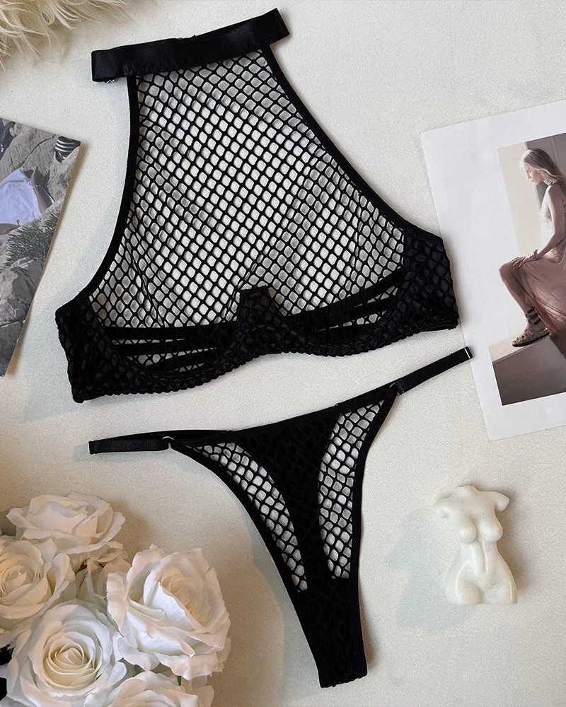 Fishnet Halter Sheer Mesh Bra & Thong Set sold by Avid Love product image thumbnail 3