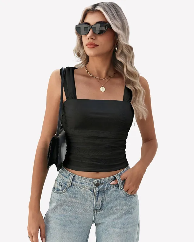 Mesh Square Neck Cute Tank Ruched Crop Top made by Avid Love