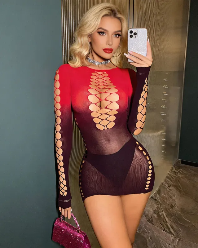 Fishnet Long-Sleeve Cut-Out Bodysuit made by Avid Love