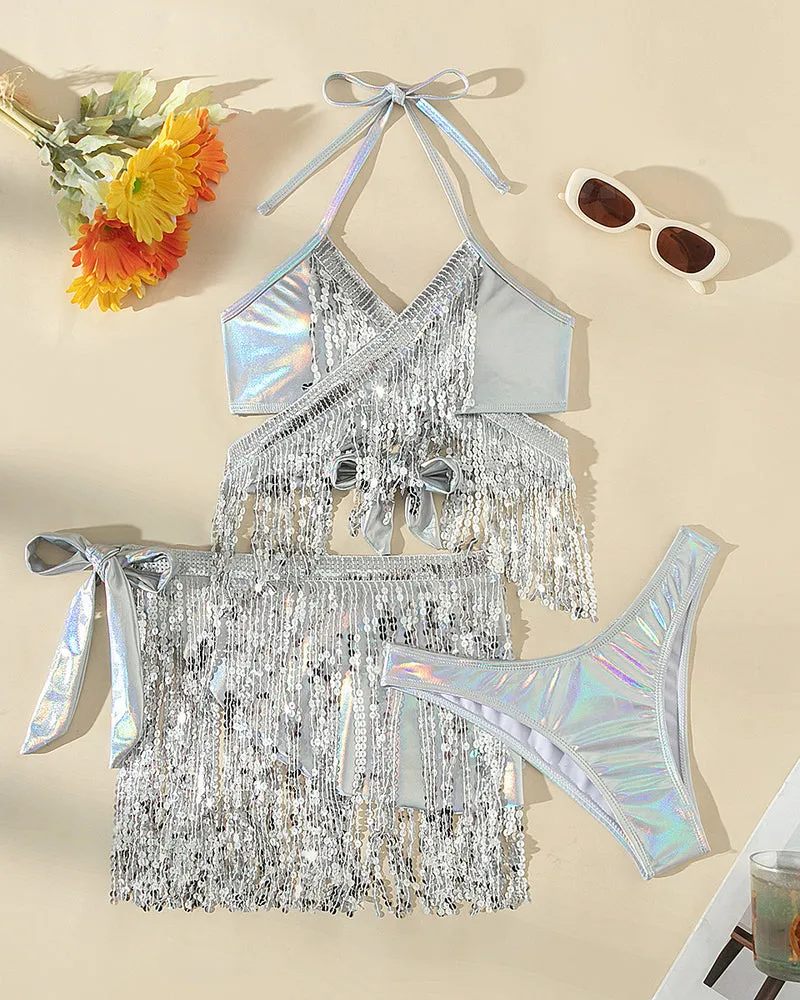 Iridescent Sequin Fringe Halter Crop Top Skirt Set sold by Avid Love product image thumbnail 3