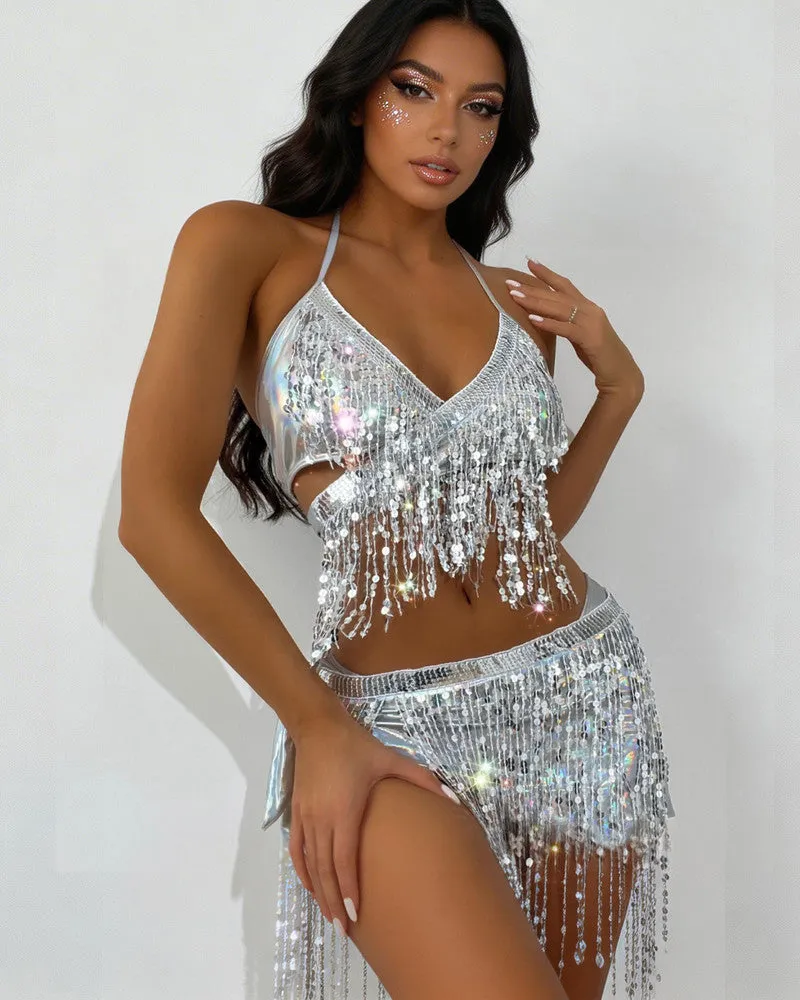 Iridescent Sequin Fringe Halter Crop Top Skirt Set sold by Avid Love product image thumbnail 2