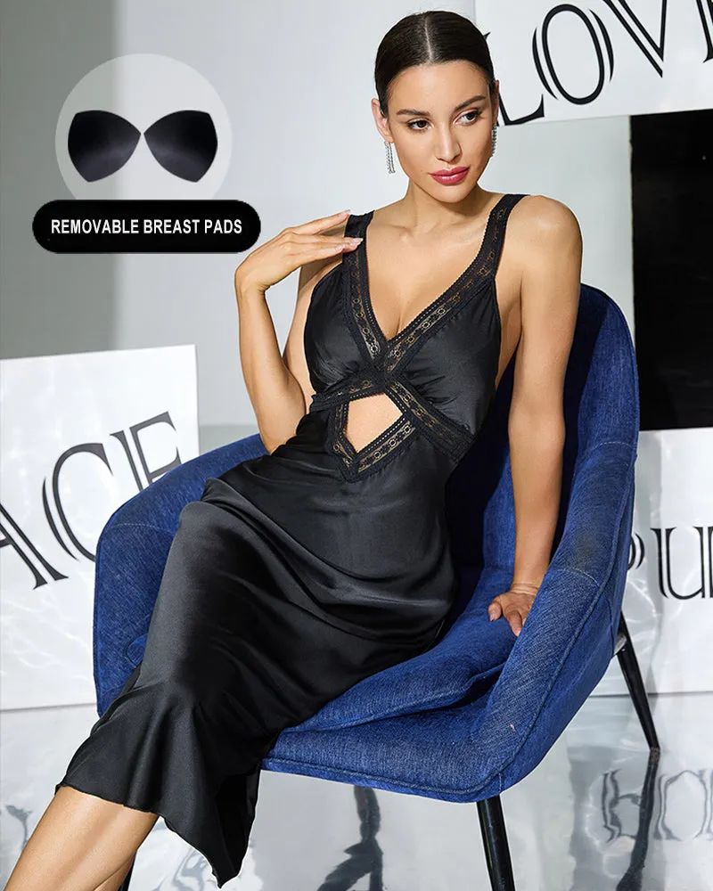 Satin Lace Removable Pads Midi Slip Dress sold by Avid Love product image thumbnail 4