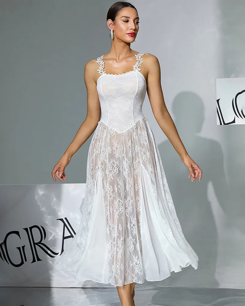 Floral Lace Midi Sheer Overlay Dress with Pearl Accents sold by Avid Love product image thumbnail 4