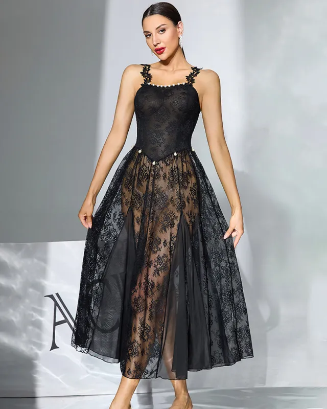 Floral Lace Midi Sheer Overlay Dress with Pearl Accents made by Avid Love