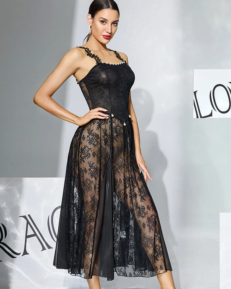 Floral Lace Midi Sheer Overlay Dress with Pearl Accents sold by Avid Love product image thumbnail 3
