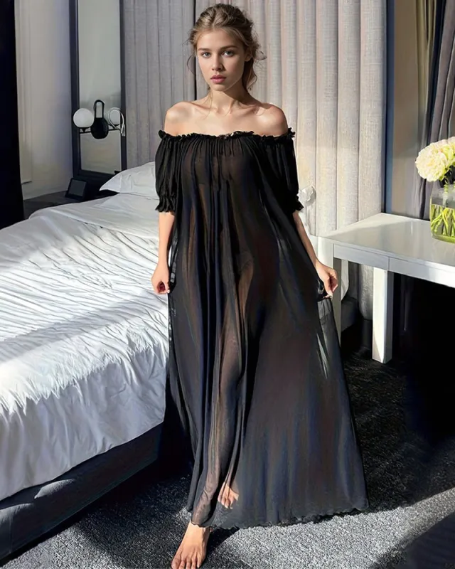 Off-Shoulder Chiffon Mesh Maxi Nightdress made by Avid Love