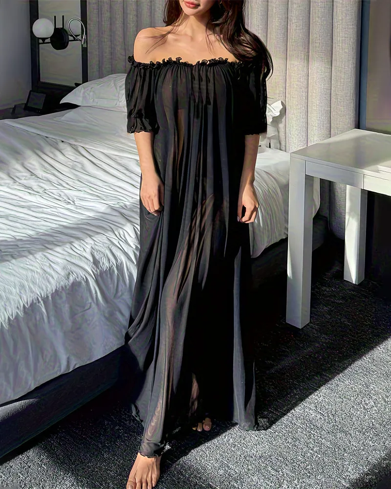 Off-Shoulder Chiffon Mesh Maxi Nightdress sold by Avid Love product image thumbnail 4