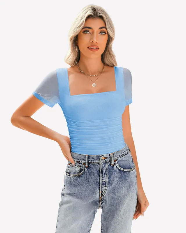 Sheer Mesh Short Sleeve Ruched Tops made by Avid Love