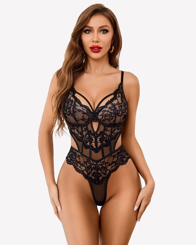 Lace Teddy V Neck Cut Out Snap Crotch Bodysuit made by Avid Love