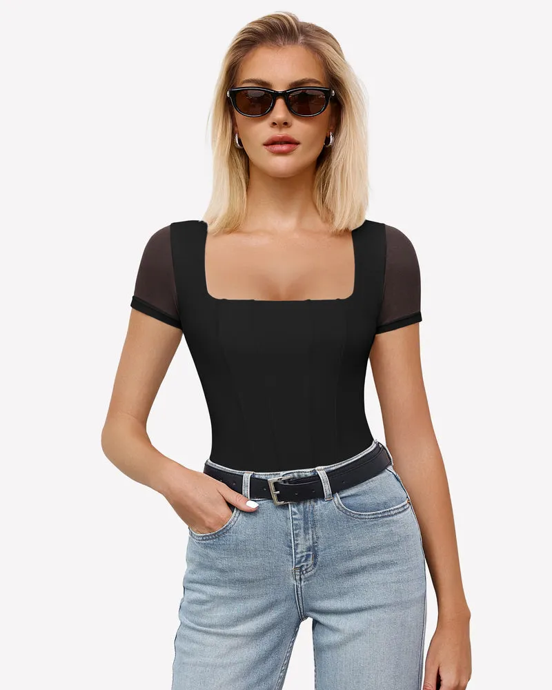 Square Neck Mesh Double Body Suit sold by Avid Love product image thumbnail 2