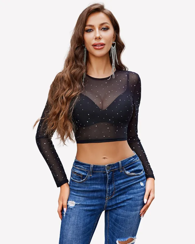 Rhinestone Mesh See Through Crop Top made by Avid Love