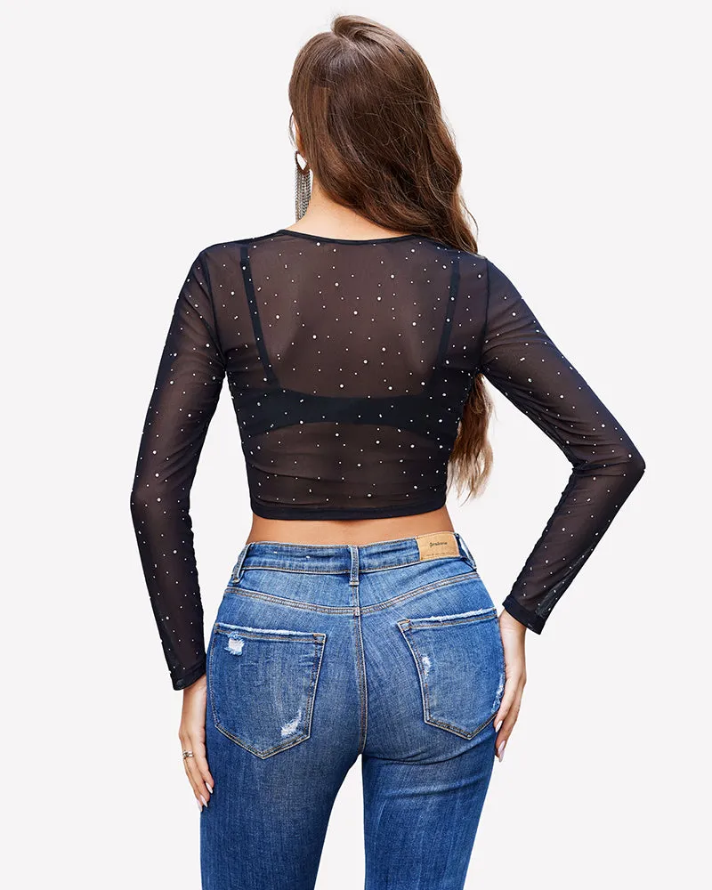Rhinestone Mesh See Through Crop Top sold by Avid Love product image thumbnail 2