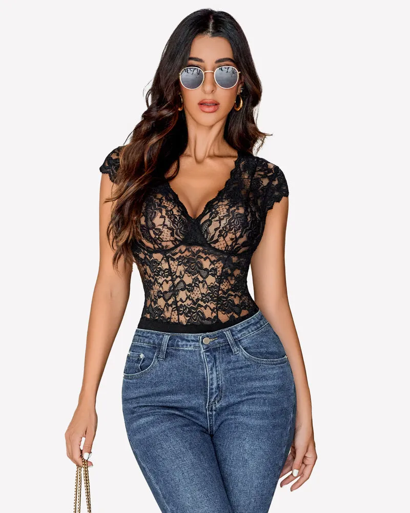 Lace Bodysuits V Neck Snap Crotch Teddy sold by Avid Love product image thumbnail 2
