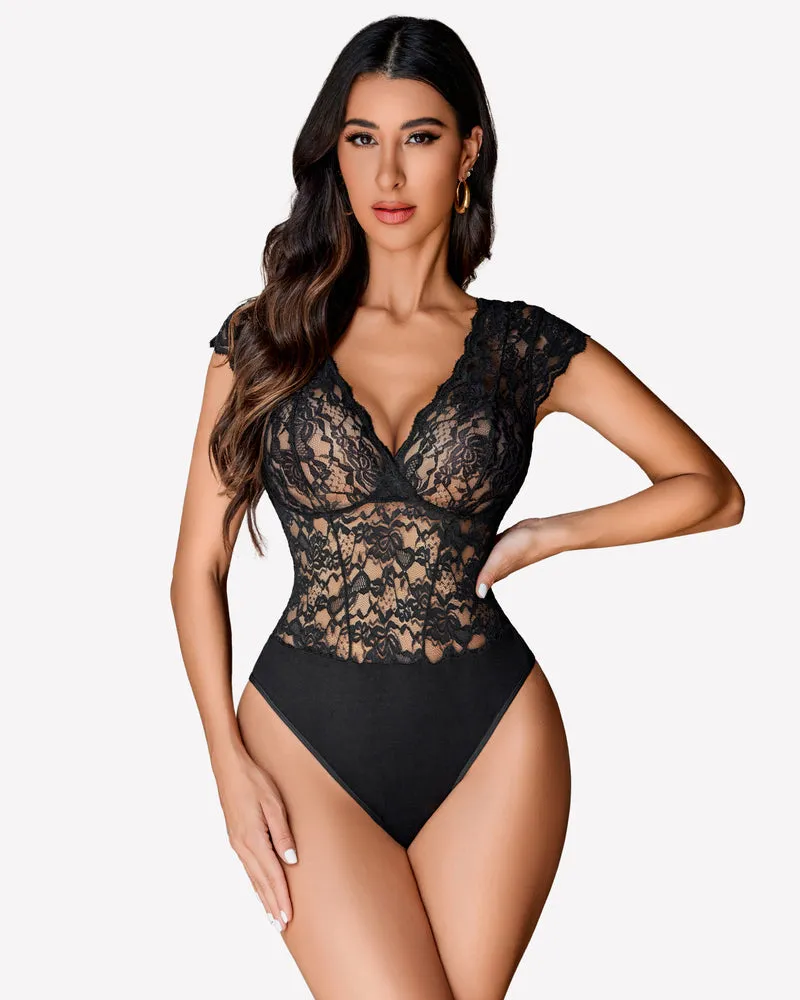 Lace Bodysuits V Neck Snap Crotch Teddy sold by Avid Love