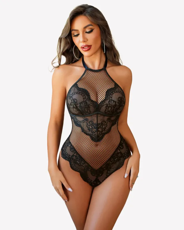 Mesh One Piece Halter Teddy made by Avid Love