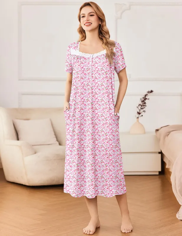 Ekouaer Short Sleeve Floral Nightdress Button House Dress with Pockets made by Ekouaer