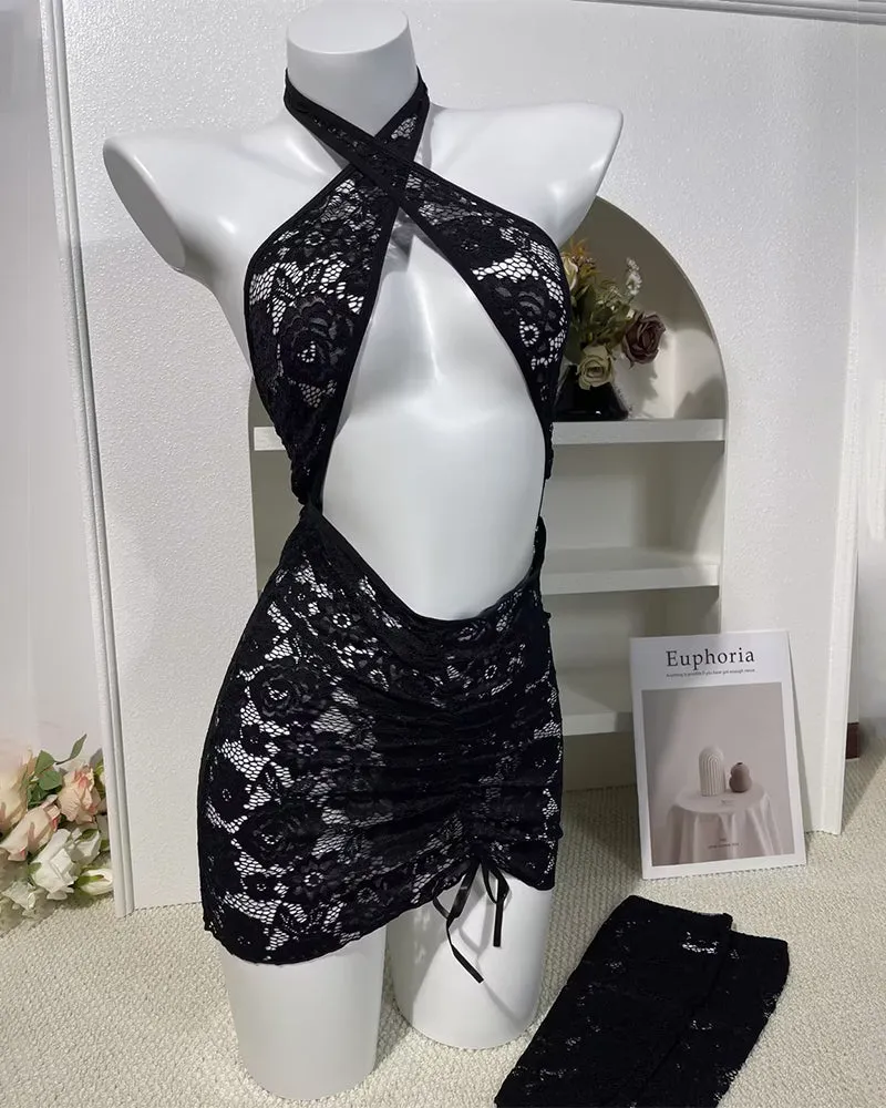 Halter Crisscross Cut Out Bodycon Lace Dress with Gloves sold by Avid Love product image thumbnail 4