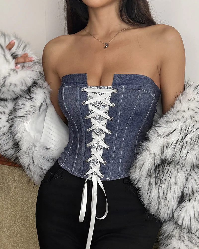 Denim Lace-Up Boned Strapless Corset Top sold by Avid Love product image thumbnail 3