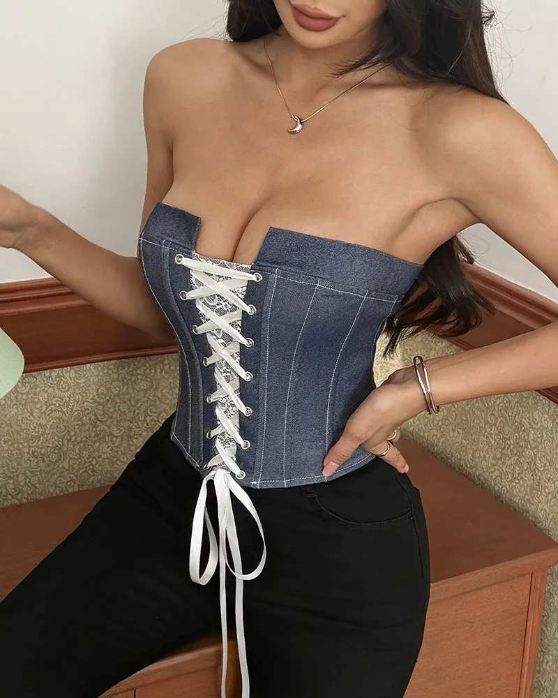 Denim Lace-Up Boned Strapless Corset Top sold by Avid Love product image thumbnail 5