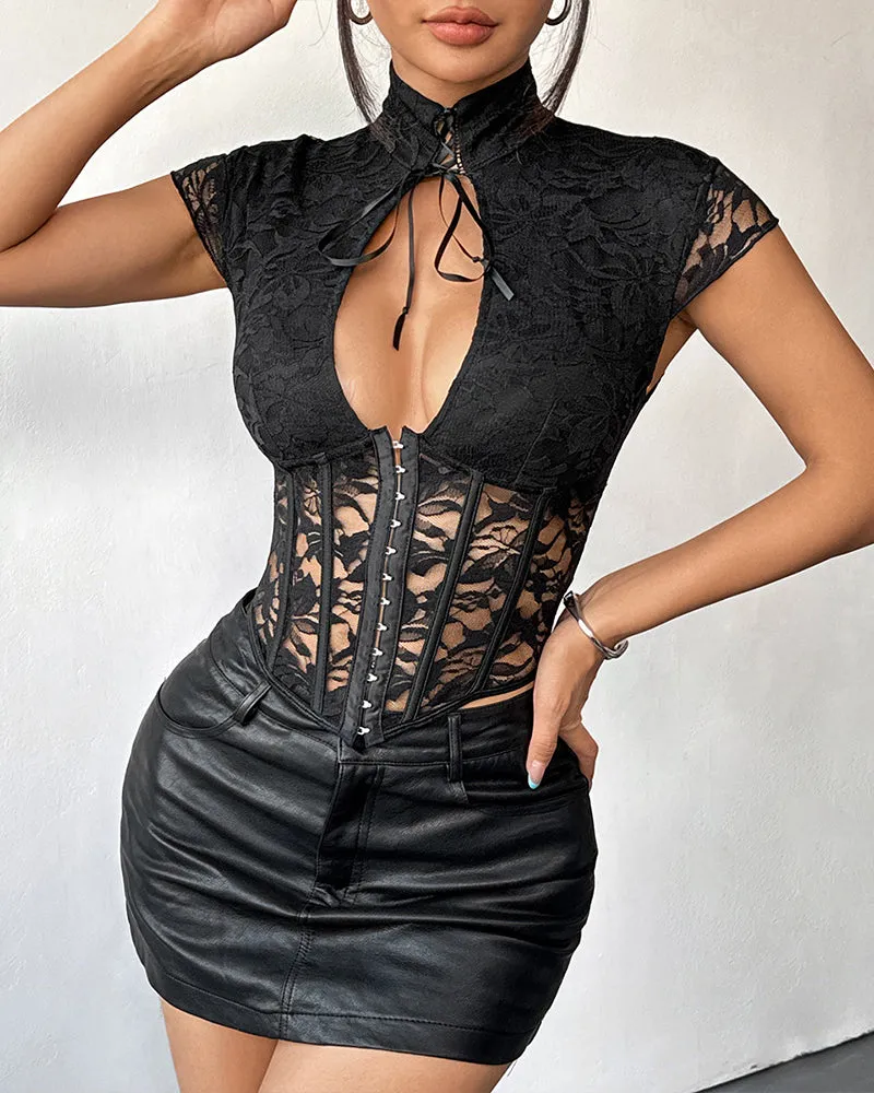 Tie-Front Boned Corset Top with Cap Sleeves sold by Avid Love product image thumbnail 3