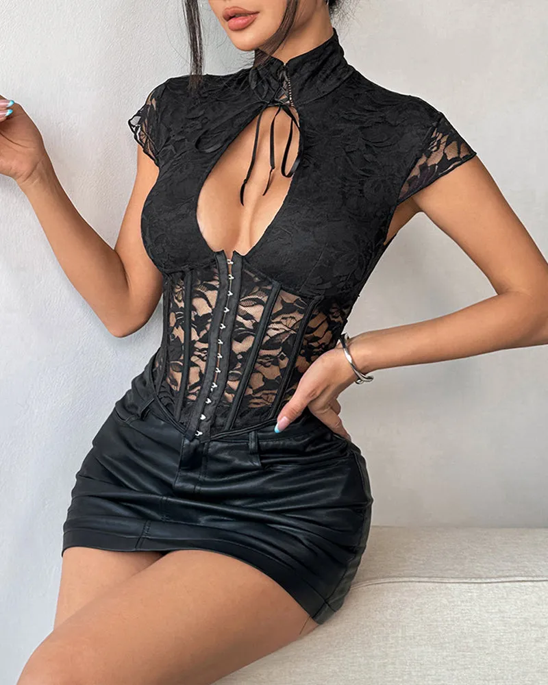 Tie-Front Boned Corset Top with Cap Sleeves sold by Avid Love product image thumbnail 4