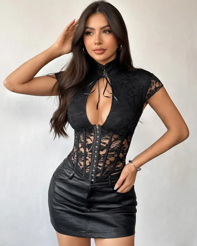 Tie-Front Boned Corset Top with Cap Sleeves made by Avid Love