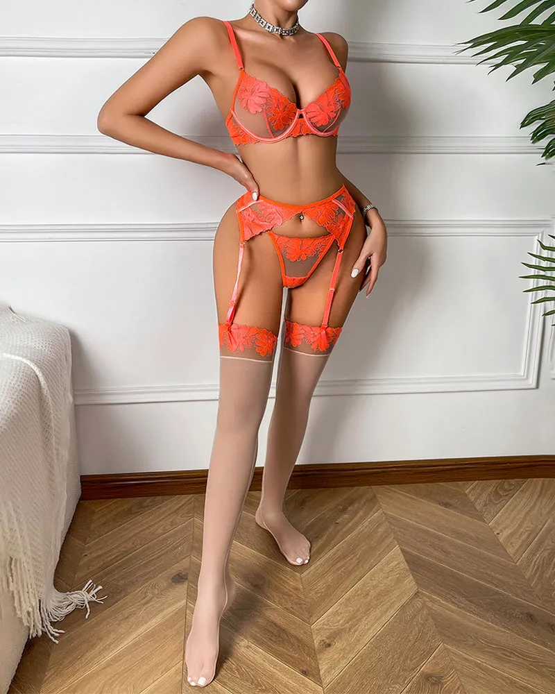 Floral Embroidery Underwire Bra & Garter Set with Stockings sold by Avid Love product image thumbnail 2