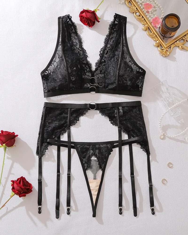 Lace O-Ring Plunge Bra Crotchless Thong with Garter Belt sold by Avid Love product image thumbnail 5