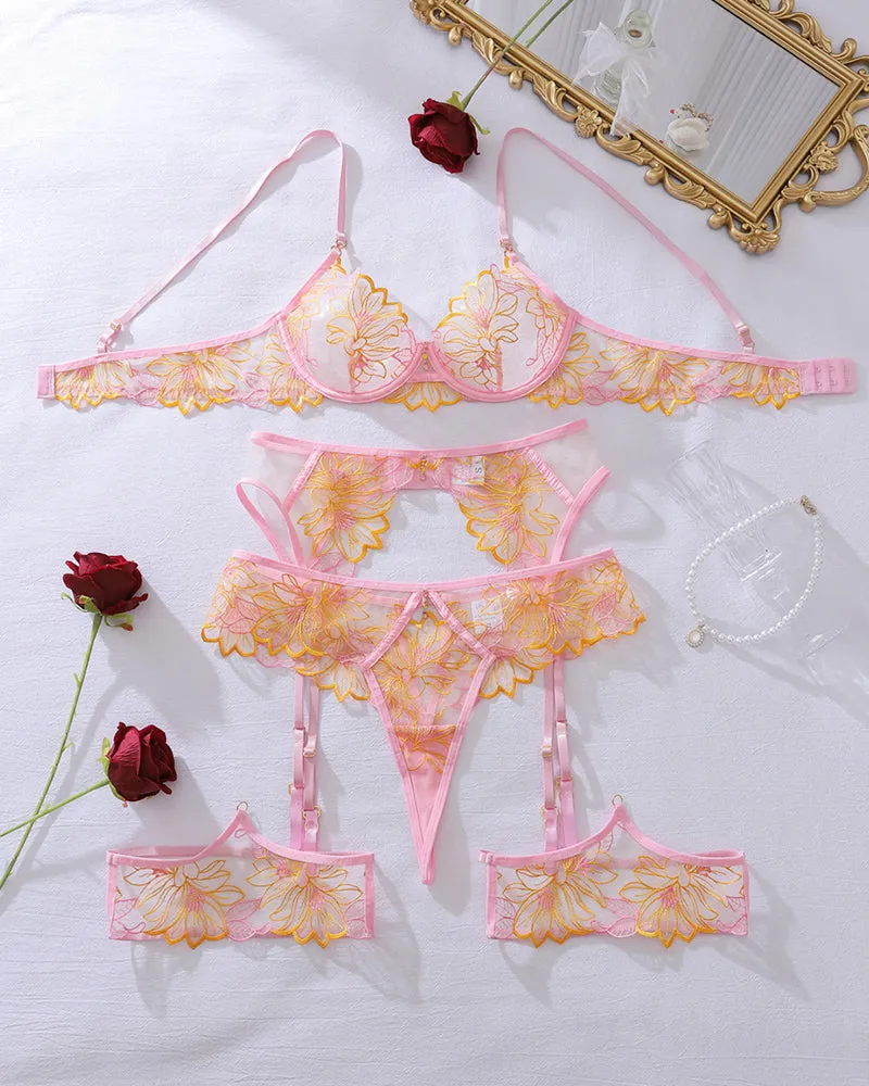Floral Embroidered Set Sheer Mesh Bra & Garter Belt with Thong sold by Avid Love product image thumbnail 5