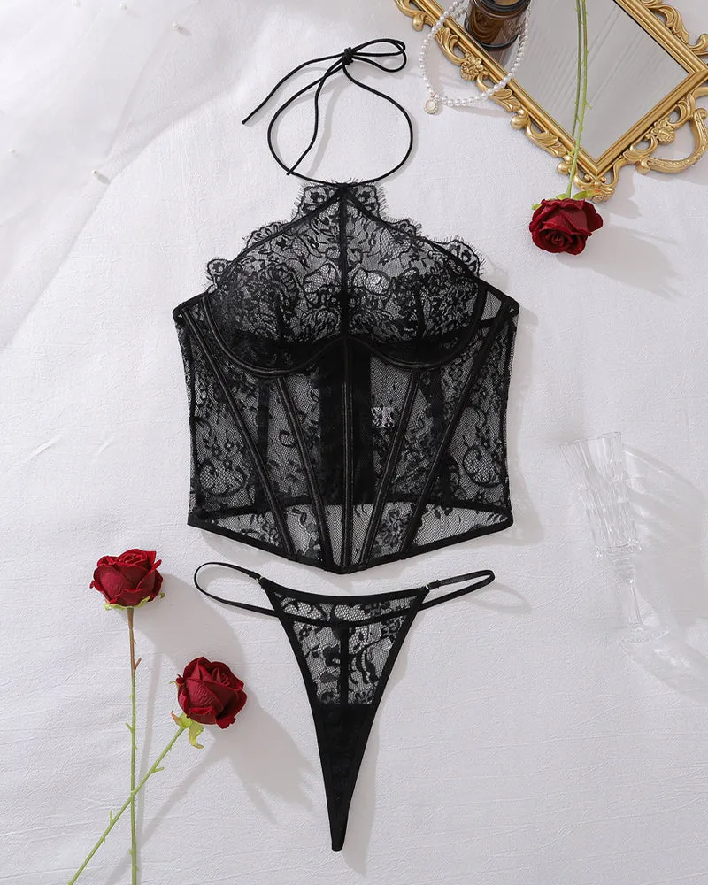 Halter Sheer Mesh Floral Lace Boned Corset with Thong sold by Avid Love product image thumbnail 5