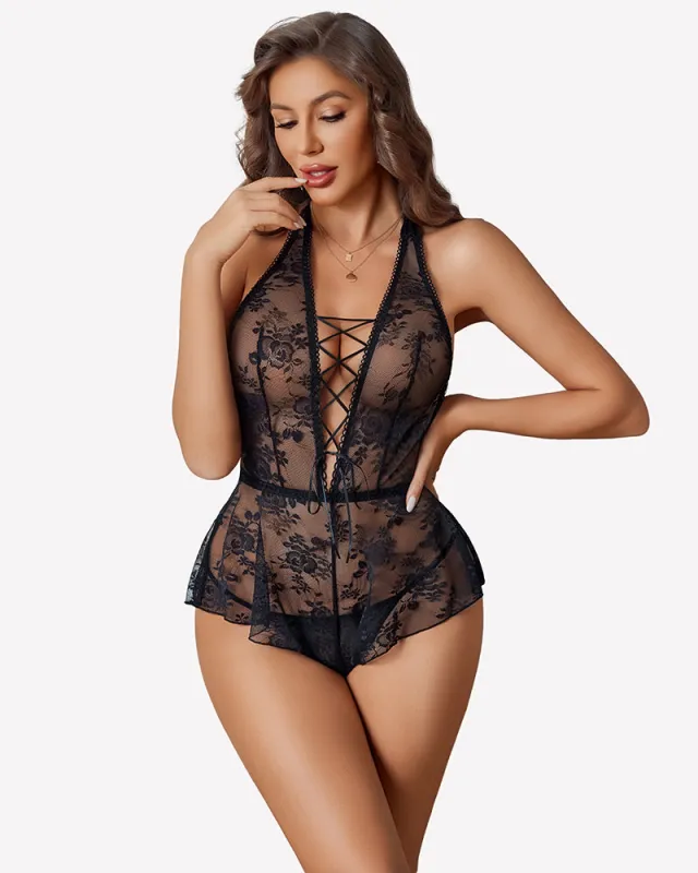 Halter Lace Teddy Bodysuit – Backless One Piece Lingerie made by Avid Love
