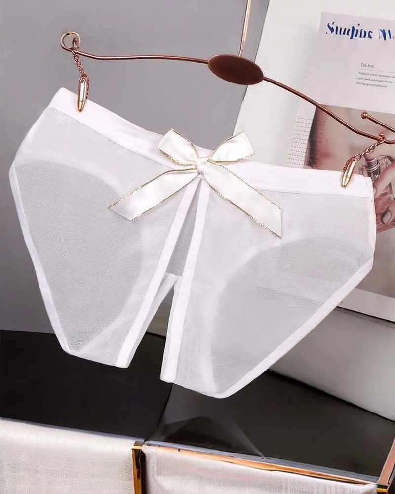 Sheer Mesh Satin Bow Panties High Cut Lingerie Briefs sold by Avid Love product image thumbnail 2