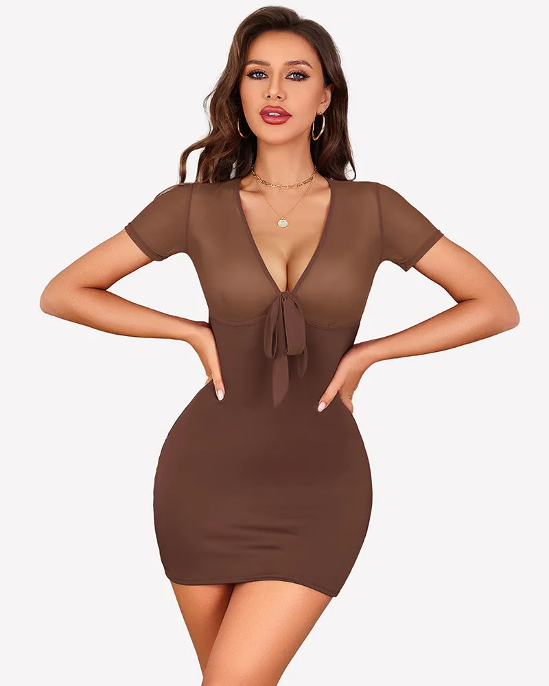 Sheer Mesh Bodycon Mini Dress Deep V Tie Front Club Party Dress sold by Avid Love product image thumbnail 5