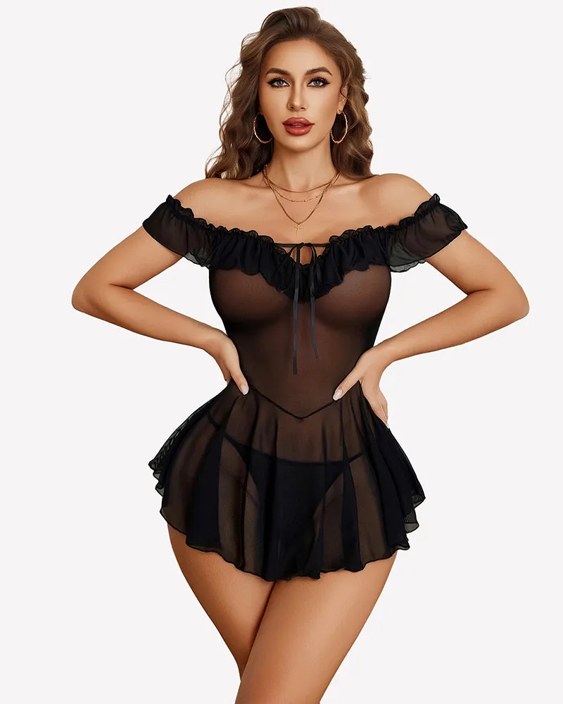 Sheer Mesh Chemise ¨C Ruffle V Neck Boudoir Sleepwear sold by Avid Love product image thumbnail 3