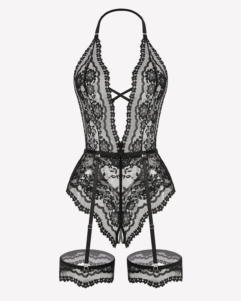 Deep V Lace Teddy Bodysuit – Cut Out Garter Lingerie Set sold by Avid Love product image thumbnail 4