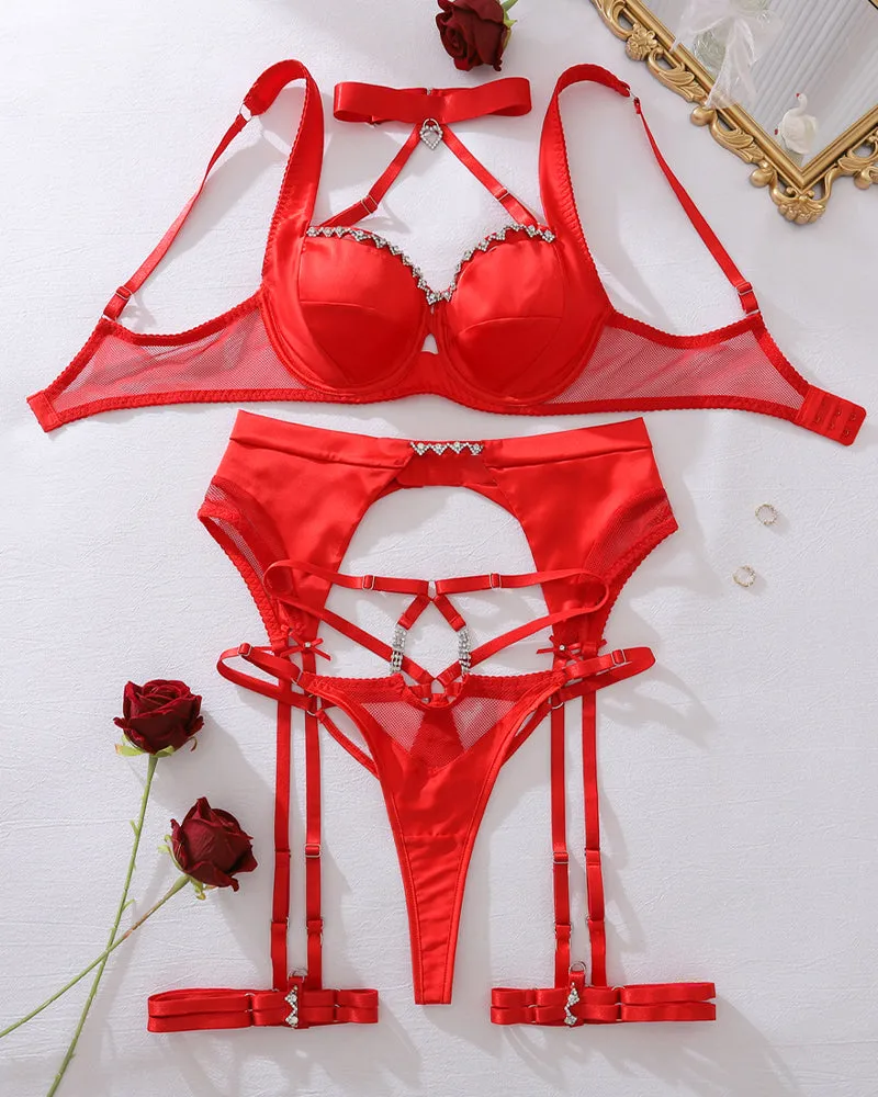 Satin & Mesh Garter Lingerie Set - Rhinestone Bra & High-Waist Thong sold by Avid Love product image thumbnail 4