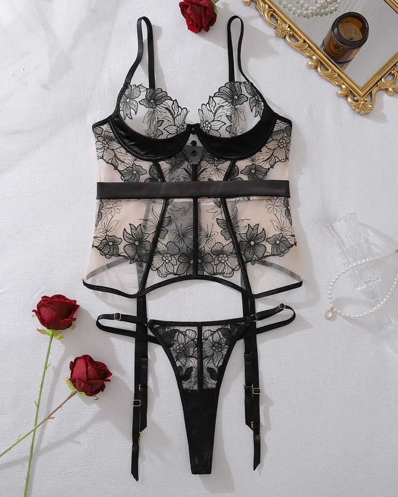 Floral Embroidered Lace Garter Corset - Underwire Lingerie Set sold by Avid Love product image thumbnail 4