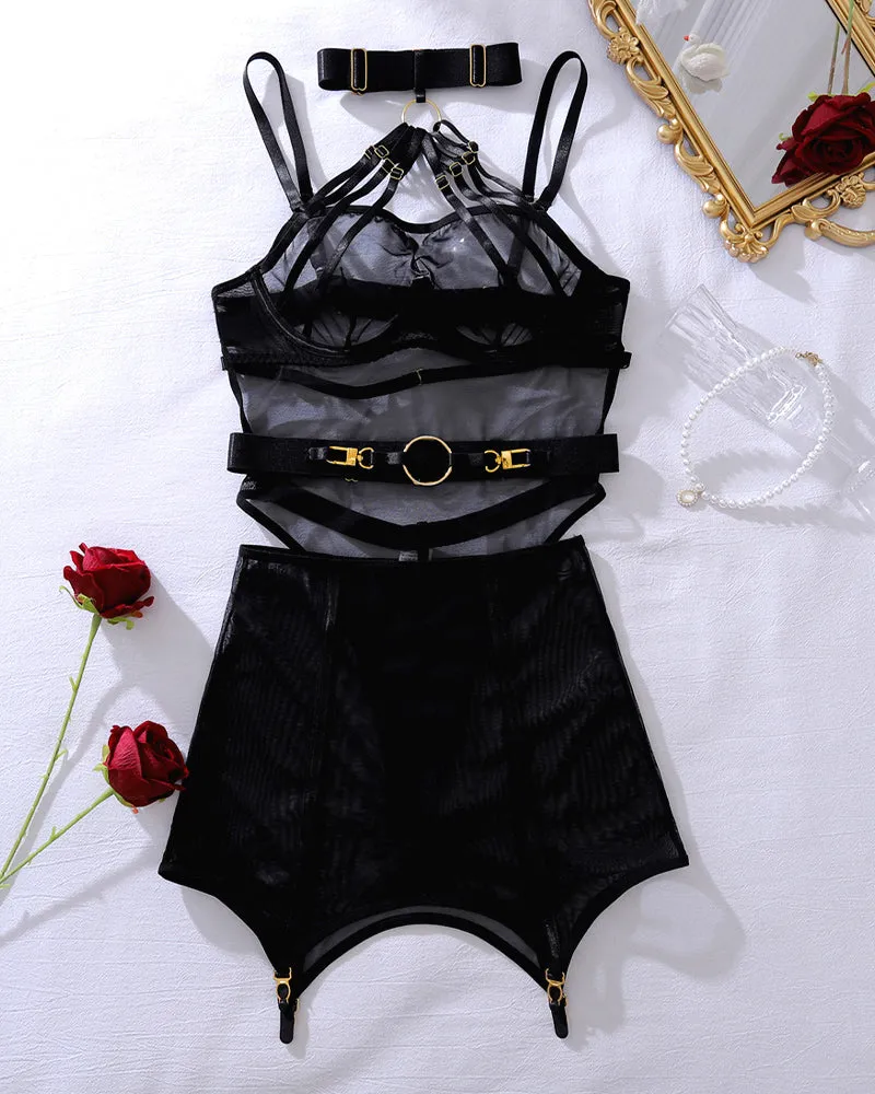Sheer Mesh Harness Lingerie Set - Strappy Cage Bodysuit with Garter Skirt sold by Avid Love product image thumbnail 5