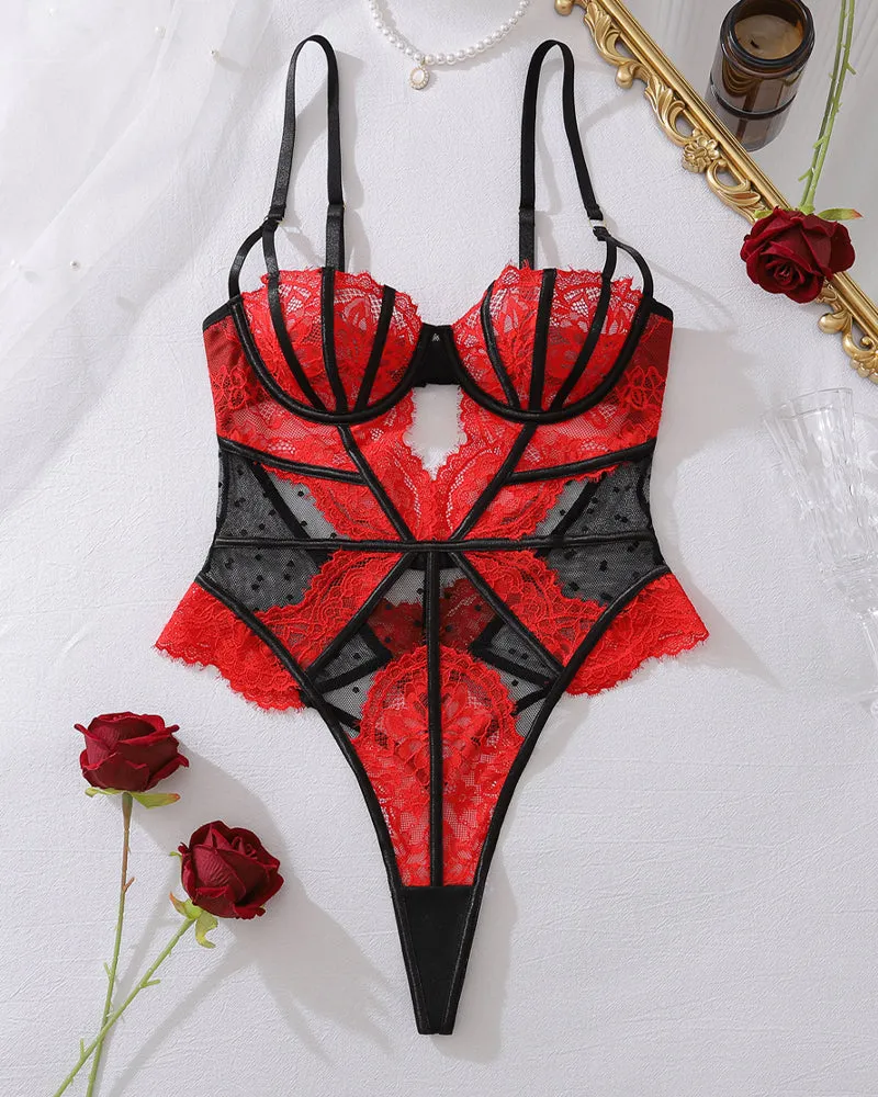 Red & Black Lace Corset Bodysuit - Plunge Cut Out Teddy Lingerie sold by Avid Love product image thumbnail 4