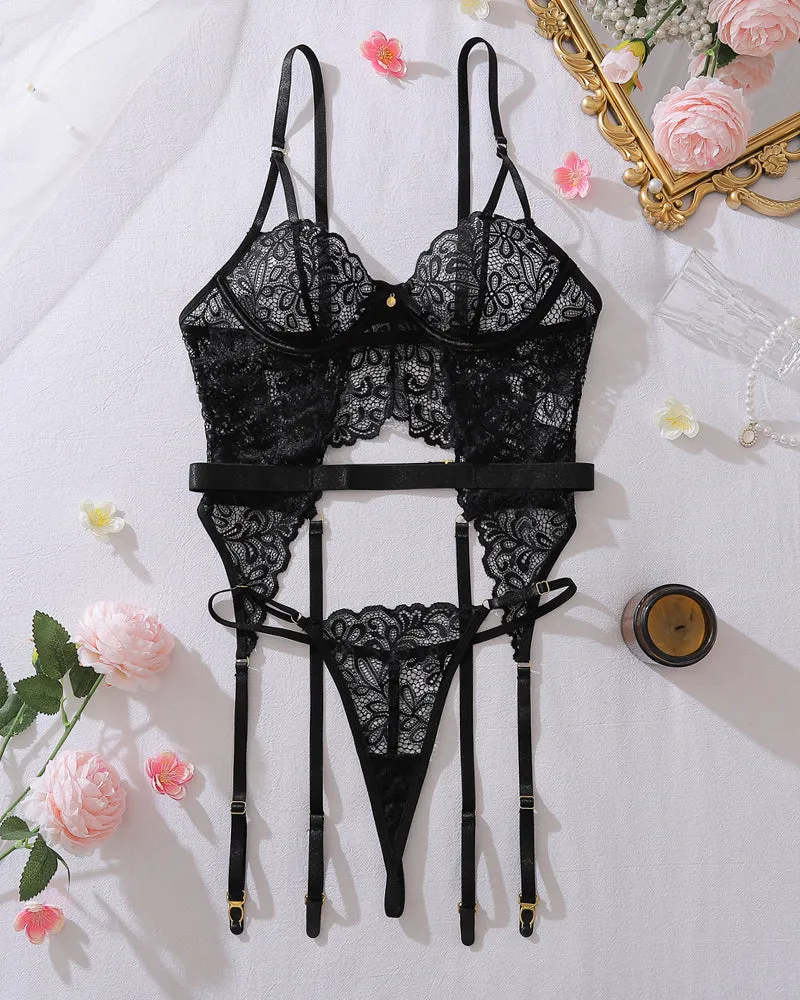 Floral Lace Garter Lingerie Set - Underwire Bra & Thong sold by Avid Love product image thumbnail 4