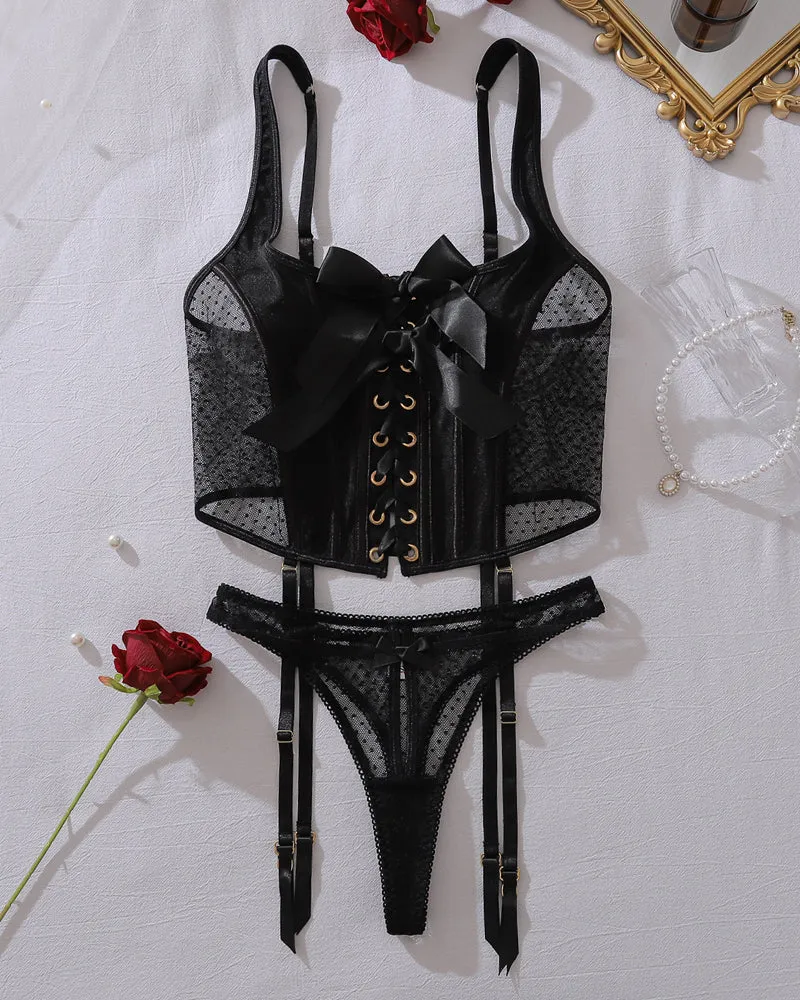 Lace Corset Garter Lingerie Set - Mesh Bustier with Bow & Thong sold by Avid Love product image thumbnail 5