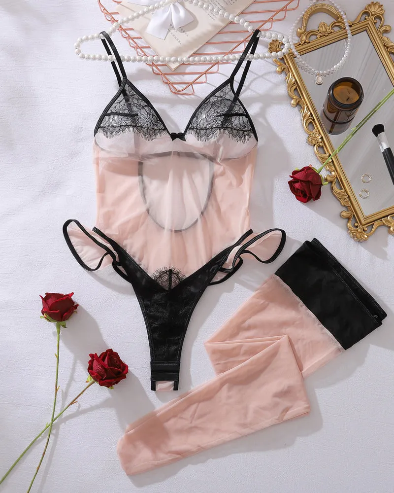 Sheer Mesh Lace Trim Bodysuit with Thigh High Stockings sold by Avid Love product image thumbnail 5