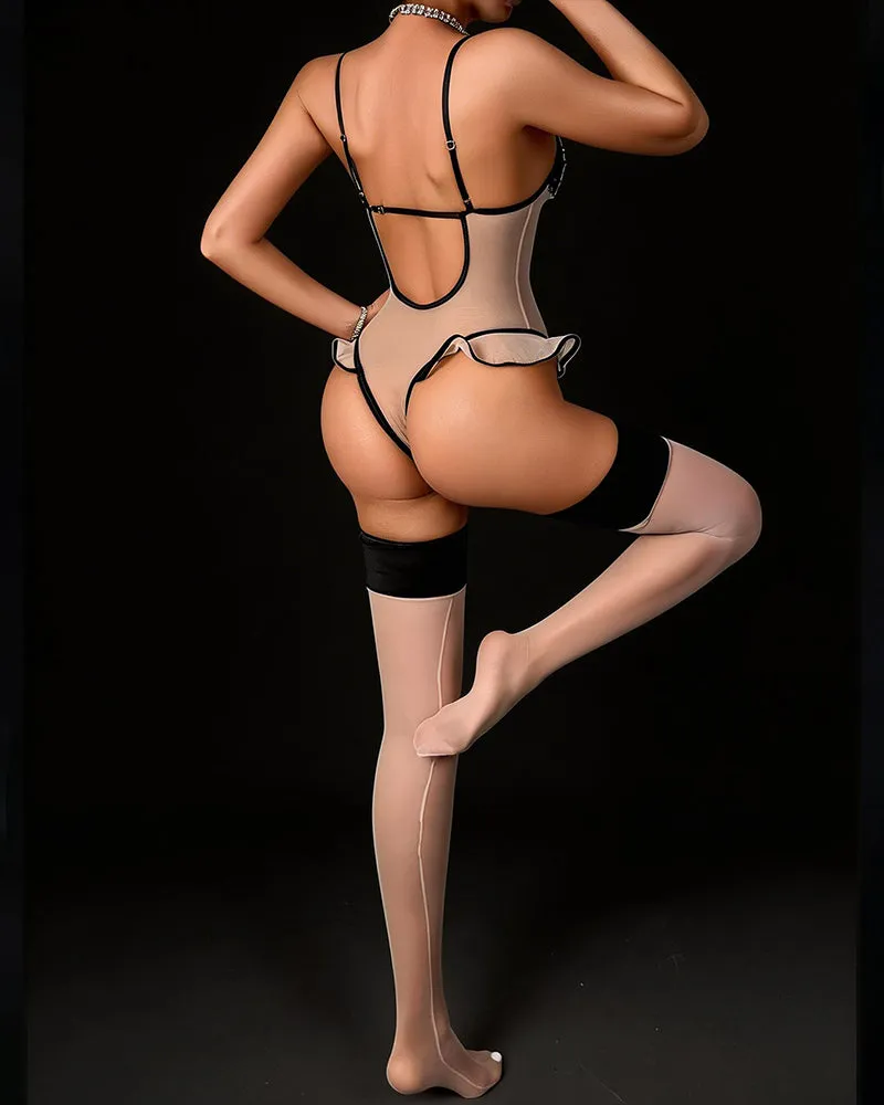 Sheer Mesh Lace Trim Bodysuit with Thigh High Stockings sold by Avid Love product image thumbnail 3