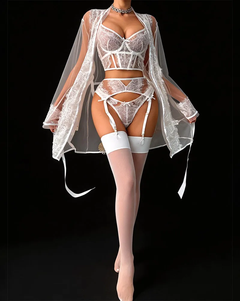 Sheer Lace Corset Garter Lingerie Set with Kimono Robe sold by Avid Love product image thumbnail 2