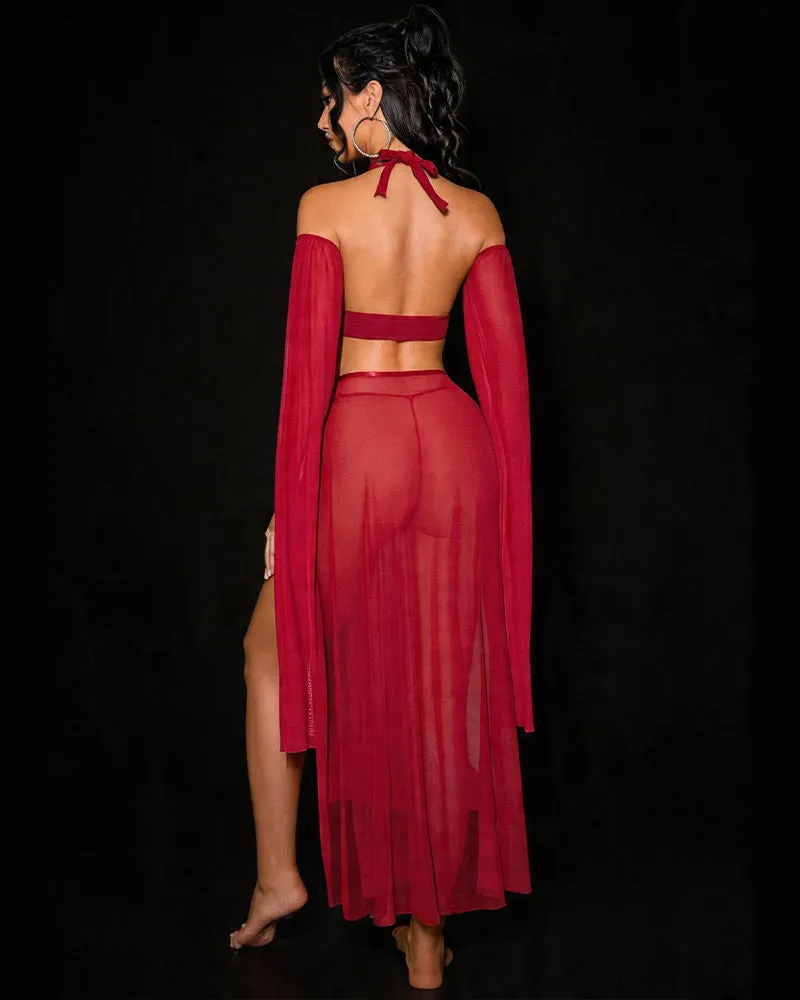 Sheer Halter Lingerie Set – Gold Tassel Chain Bra, High Slit Skirt & Arm Sleeves sold by Avid Love product image thumbnail 2