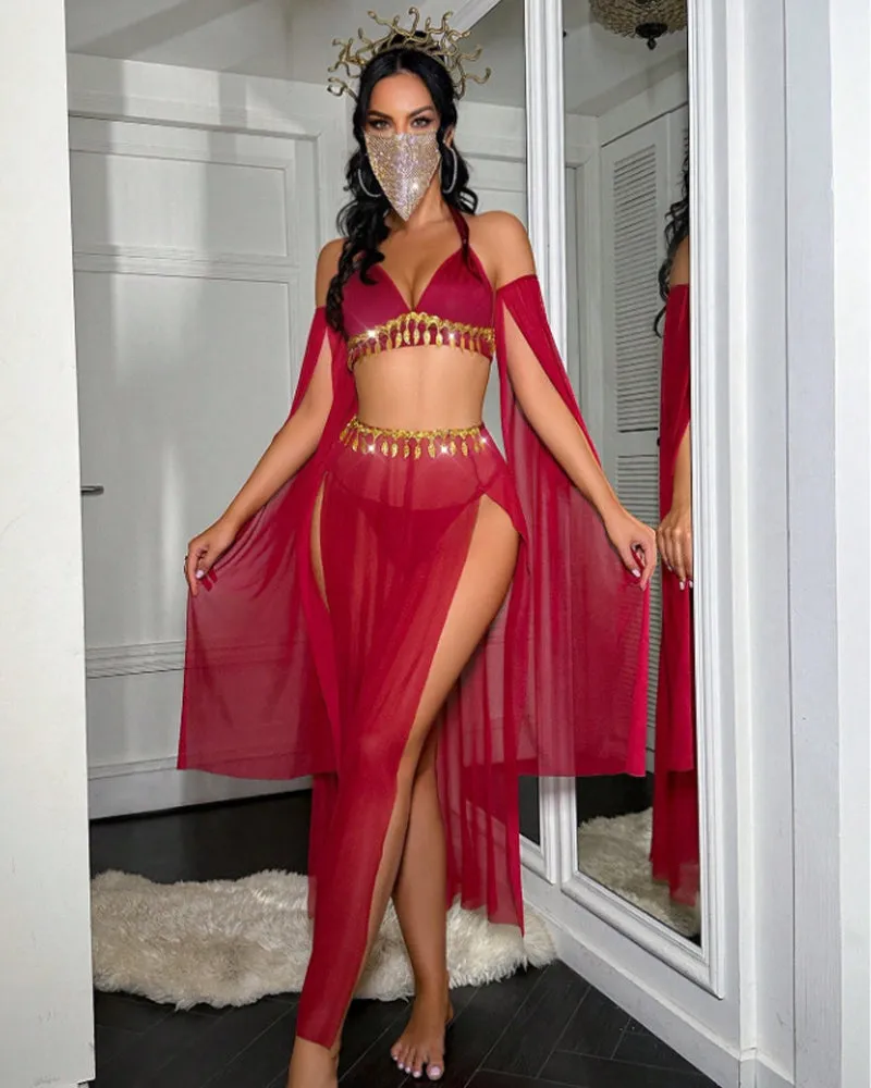 Sheer Halter Lingerie Set – Gold Tassel Chain Bra, High Slit Skirt & Arm Sleeves sold by Avid Love product image thumbnail 3