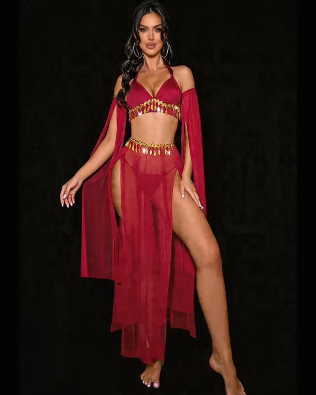 Sheer Halter Lingerie Set – Gold Tassel Chain Bra, High Slit Skirt & Arm Sleeves made by Avid Love