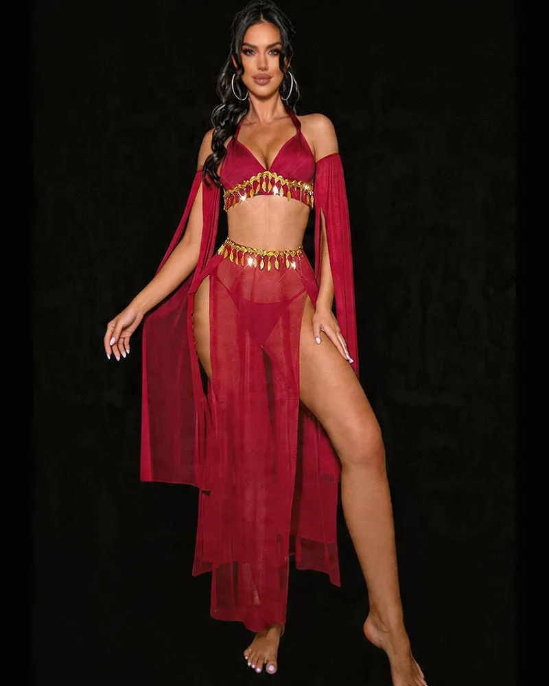 Sheer Halter Lingerie Set – Gold Tassel Chain Bra, High Slit Skirt & Arm Sleeves sold by Avid Love